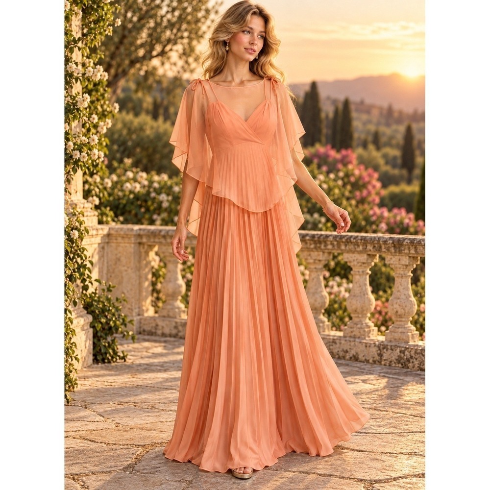 Vintage Formal Maxi Dress 80's Pleated Sheer Capelet XS/S  Evening Gown